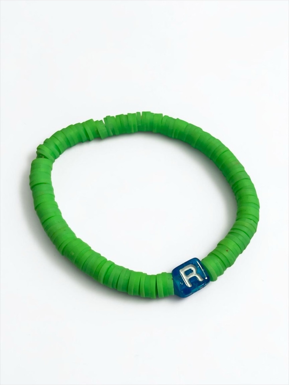 🍭5 for $20🍭 Neon Green Letter R Heishi Disk Beaded Stretch Bracelet CC M